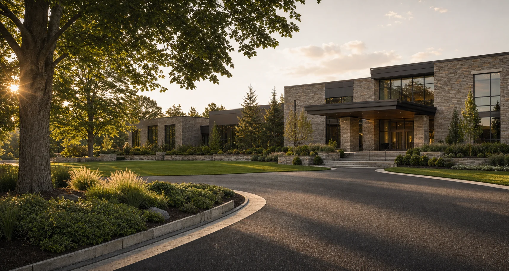 Representative commercial property with maintained turf, planting beds, and entrance landscaping