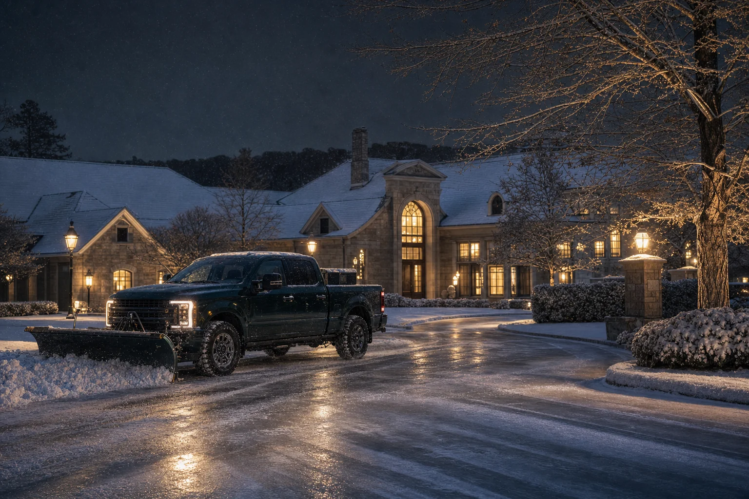 Representative winter grounds response at a large landscaped property at night